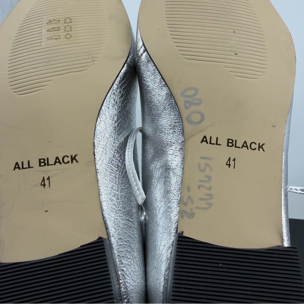 All Black Silver Leather Ghillie 24 Pointy Lace Up Flat Shoes 41 10.5 - Picture 6 of 7